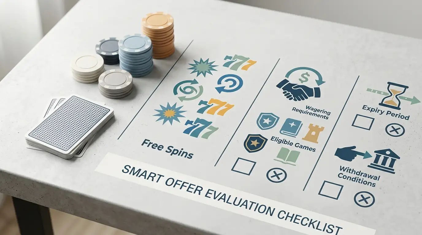 Conceptual casino bonus value checklist showing a deposit match, free spin symbols and verification steps