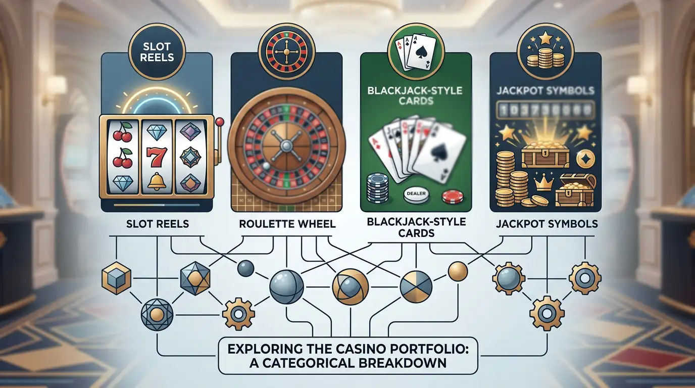 Conceptual casino game library illustration with slot reels, cards, roulette, jackpot and live table symbols