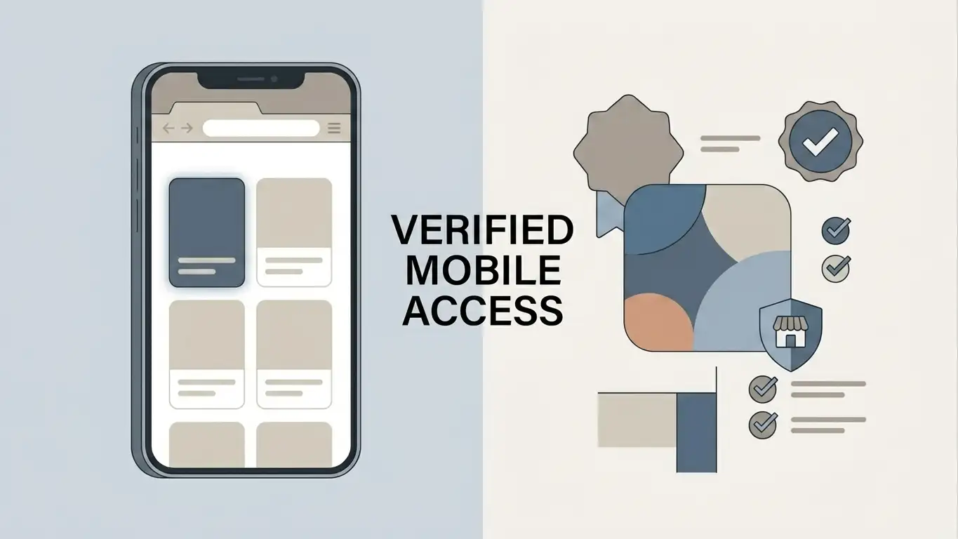 Editorial comparison of a mobile browser and a generic app icon with a verification checklist beside them