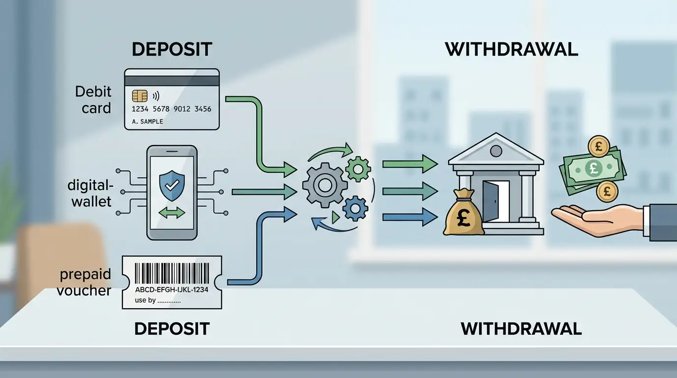 Payment method comparison diagram with debit card, PayPal, prepaid voucher, withdrawal flow and pound sterling symbols