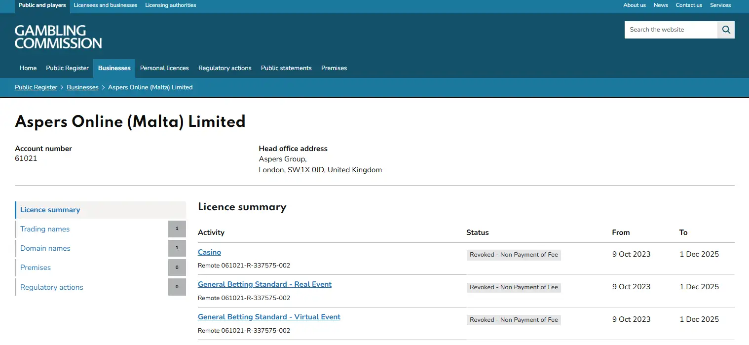 UK Gambling Commission public register entry for Aspers Online Malta Limited showing revoked remote licence status