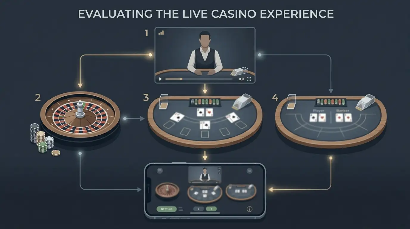 Illustrated live casino evaluation diagram with dealer stream, roulette, blackjack, baccarat, mobile screen and table information checks