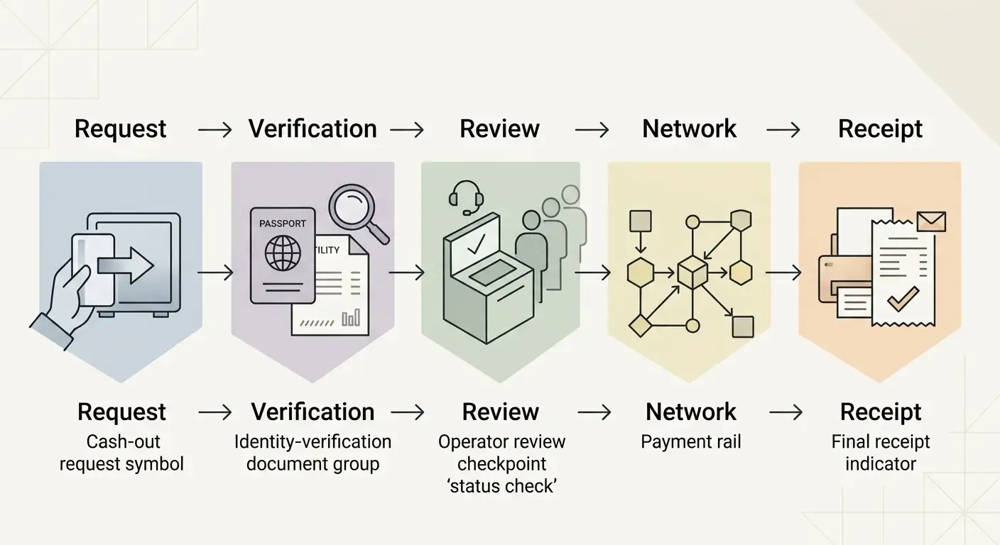 Editorial withdrawal lifecycle illustration showing request, identity check, operator review, payment rail and receipt stages