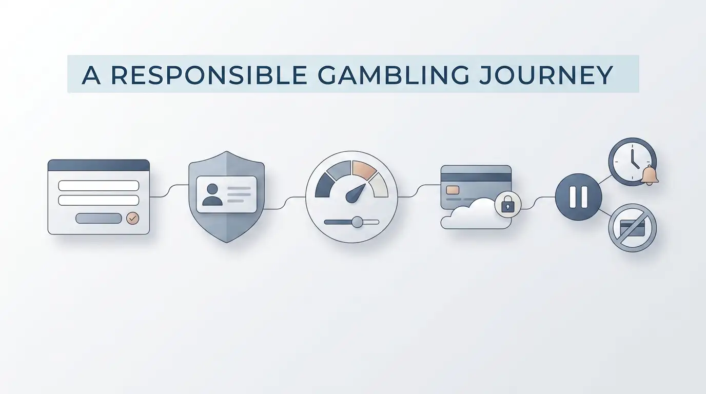 Editorial account lifecycle showing registration, verification, financial limits, deposit readiness and safer gambling controls
