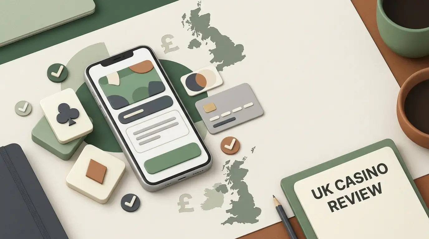 Editorial illustration of a UK casino review checklist with payment, mobile and game symbols