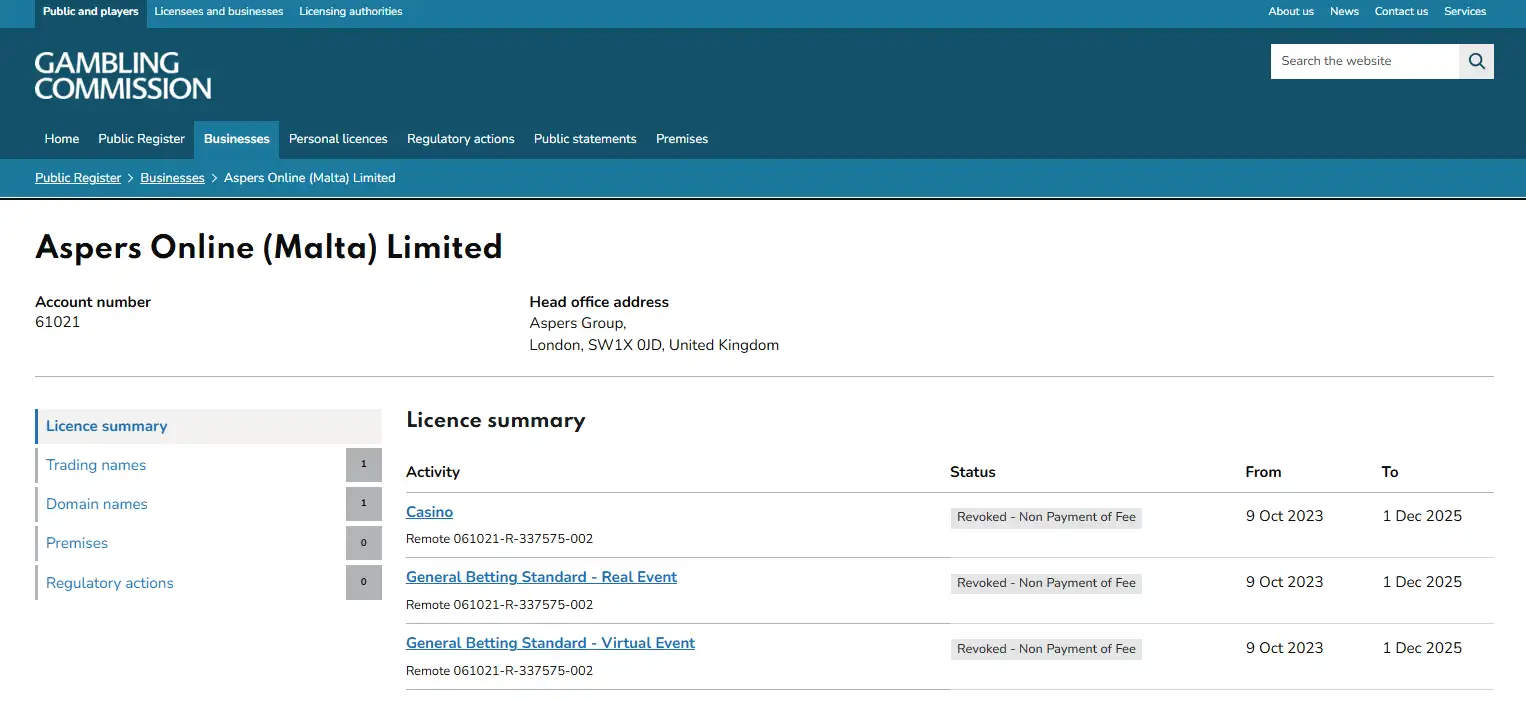 UK Gambling Commission register entry for Aspers Online Malta Limited